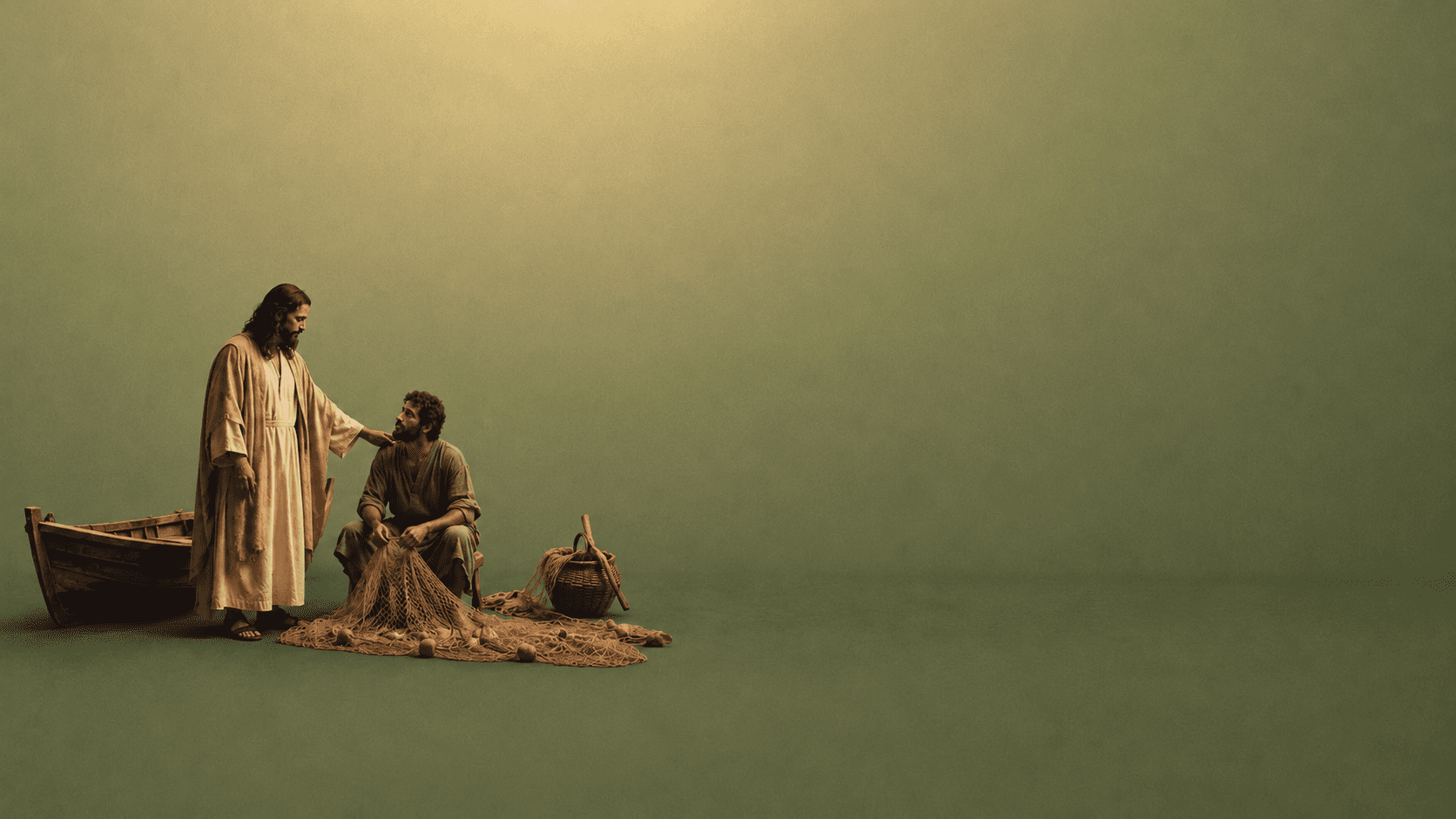 Jesus ao lado de um pescador, com um barco e redes de pesca